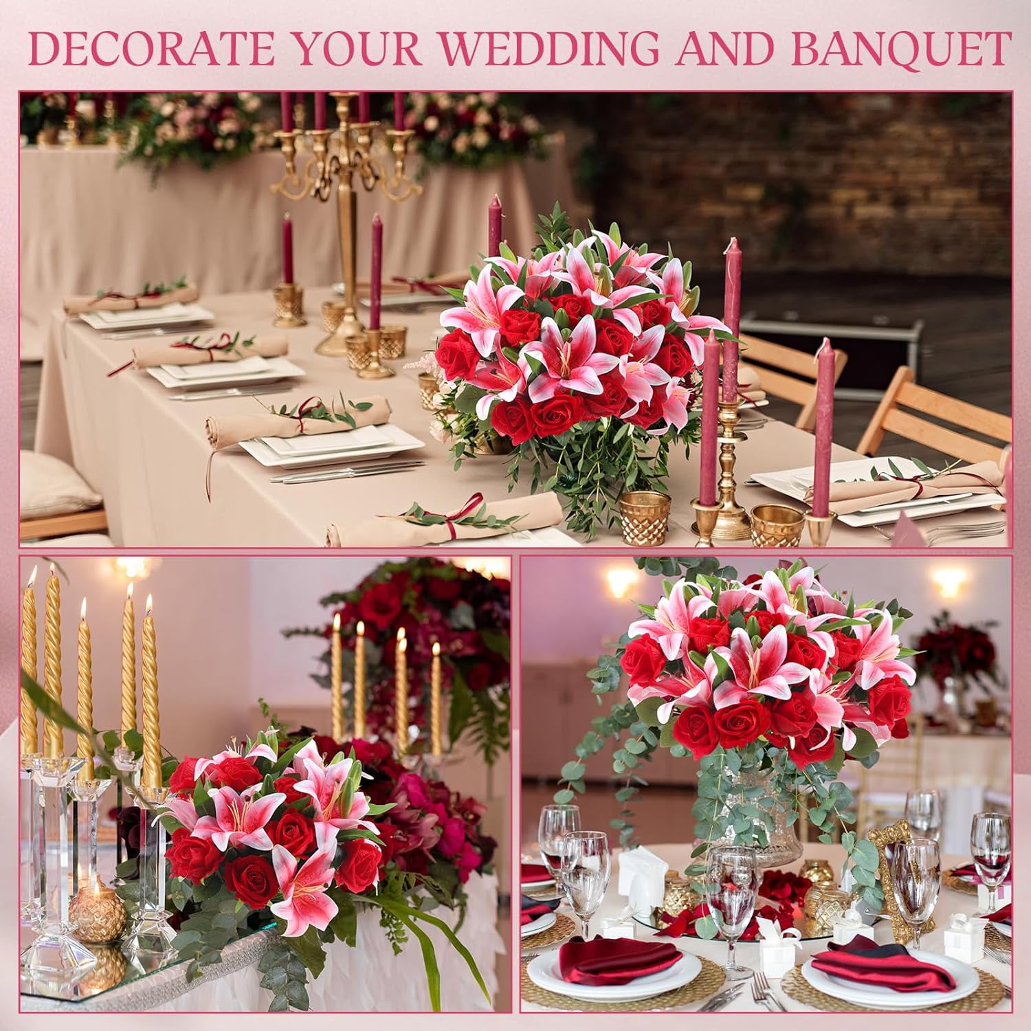 PINSAI Artificial Flowers Velvet Realistic Red Roses and Latex Lilies Flowers Bouquet Decorations Flower Arrangements for Mother's Day Wedding Party Bouquet Table