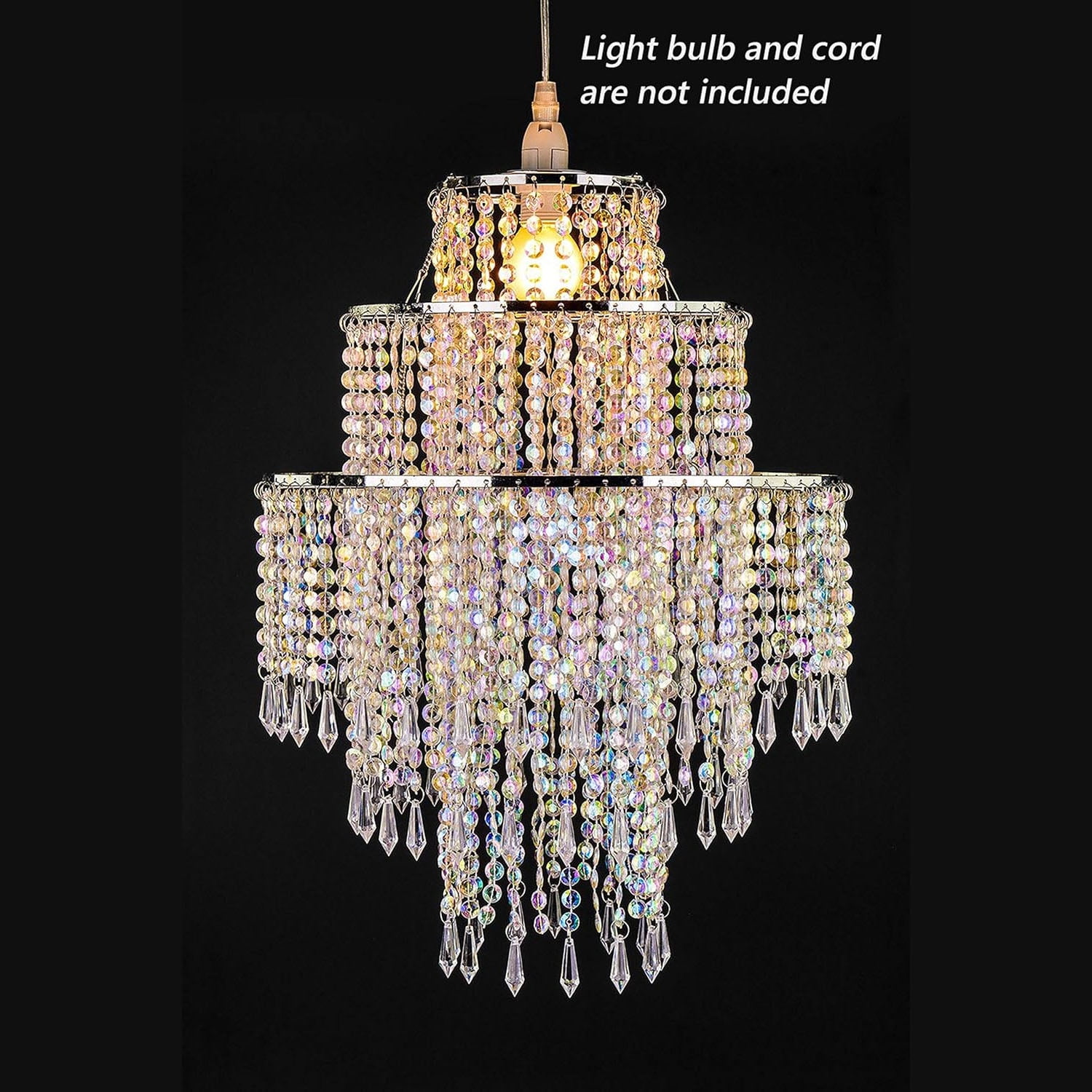 Modern 3-Tier Beaded Chandelier Shade - Chrome Frame with Clear Acrylic Jewel Droplets - 12.6" Diameter Ceiling Pendant Light Fixture for Bedroom & Living Room