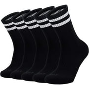 Ultrafun 5 Pairs Striped Crew Socks Cotton Cushioned Athletic Sports Running Socks for Men Women Teens (Medium, White)