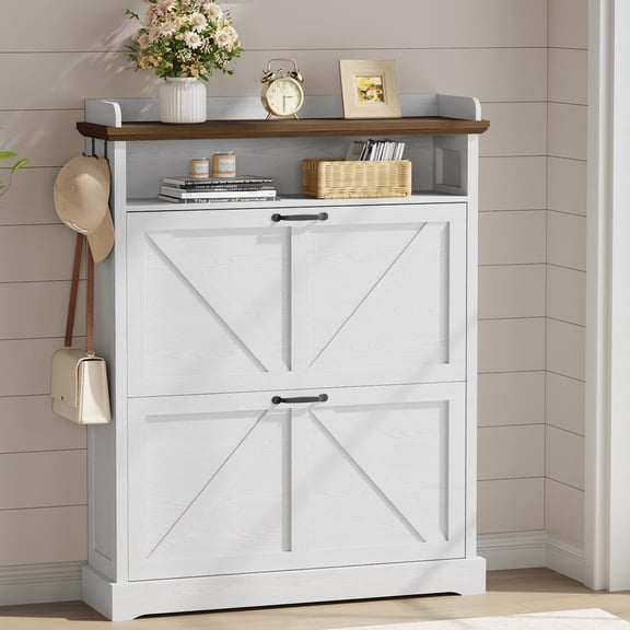31.5" Shoe Cabinet Organizer with 2 Flip Drawers, Farmhouse Shoe Storage Cabinet for Entryway, Hallway and Bedroom, White