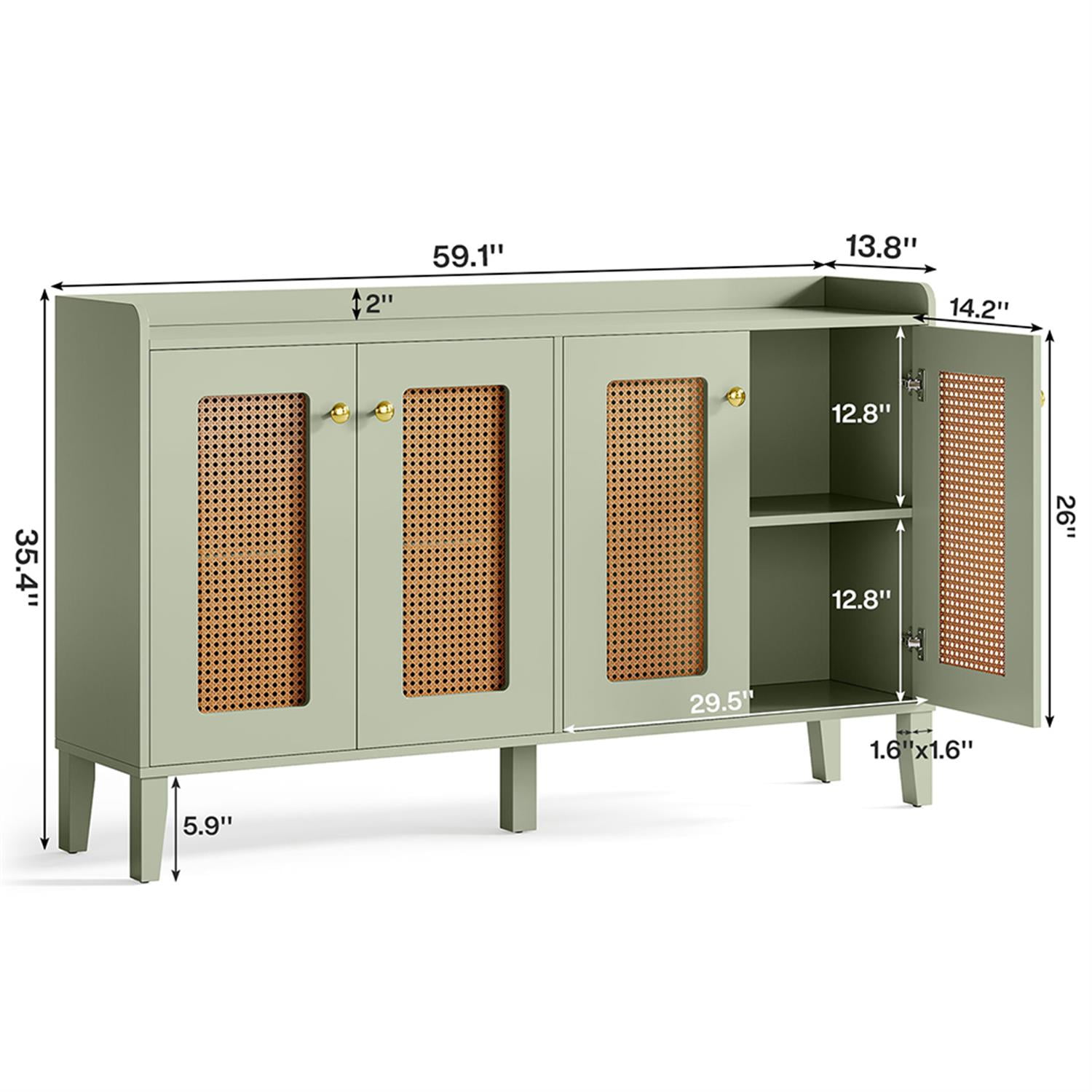 Demi Bonn 59" Sideboard Buffet Storage Cabinet with Storage Shelves, Credenza Accent Rattan Cabinet for Kitchen Entryway Living Dining Room, Green