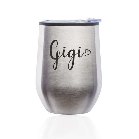 Stemless Wine Tumbler Coffee Travel Mug Glass with Lid Gigi With Heart (Silver)