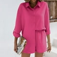 thumbnail image 5 of Women's Casual Loose Two Piece Sets Long Sleeve Shirt with Shorts Trendy Summer 2025 Outfits Hot Pink,M, 5 of 7