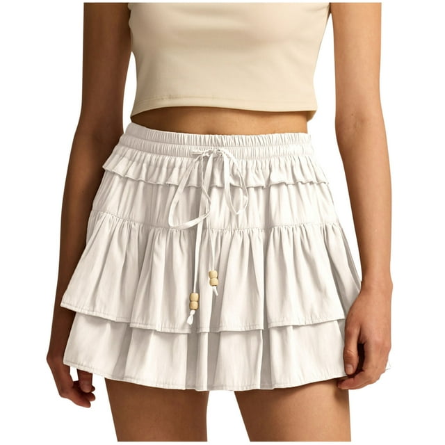 UNITWRY Summer Mini Skirt for Women Drawstring Ruffle Hem Elastic High Waisted A-Line Skirt Business Work Vacation Active Workout Casual Short SkirtWhite S