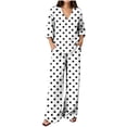 thumbnail image 2 of Cagogo Women Plus Size 2 Piece Set Polka Dot V Neck Long Sleeve Blouse Wide Leg Pants Matching Casual Outfit Loose Boho Vacation Travel Lounge Suit Clothes, White XL, 2 of 6