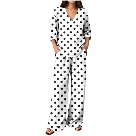 HAiming Plus Size 2 Piece Sets for Women Polka Dot Long Sleeve Tops Wide Leg Pants with Pockets Loose Lounge Sets
