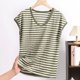 thumbnail image 1 of Pijama de manga corta para mujer, informal, holgado, a rayas, con cuello redondo, de verano, fino, de poliéster, 1 of 3