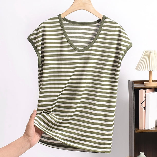 Pijama de manga corta para mujer, informal, holgado, a rayas, con cuello redondo, de verano, fino, de poliéster