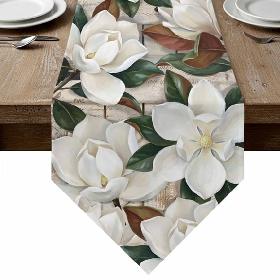 White Magnolia Blossom Table Runner Linen Burlap Table Runner 72 Inches Long Spring Floral Flowers Farmhouse Dresser Scarves for Kitchen Island Coffee Dining Room Party Wedding Holiday Decor 18"x72"