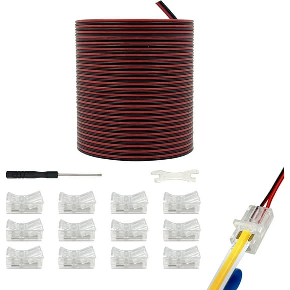 czcpp-10mm Cob Led Strip Light Connectors Strip to Wire Solderless Transparent Track Lighting kit Adapter Connectionwith 6M/19.68ft Led Wire Extension Cable for 5050 Led Tape 12/24V (2 Pin, 10mm)