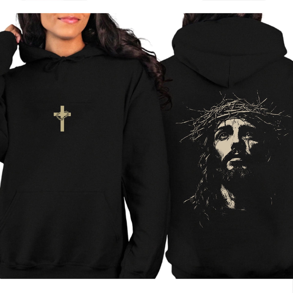 Jesus Crown of Thorns Double-Sided Christian Unises Pullover Hoodie, Faith-Based Religious Hooded Sweatshirt for Men and Women, Sizes S–5XL