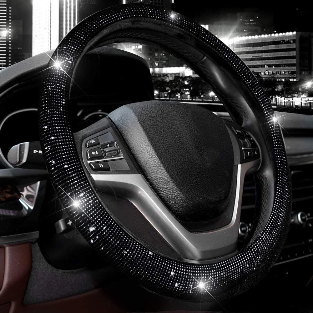 Black Diamond and Microfiber Leather Steering Wheel Cover with Bling Bling Crystal Rhinestones 15-inch Universal Steering Wheel Cover 