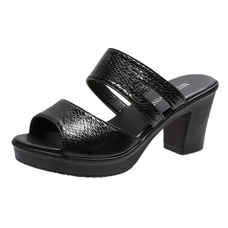 

kakina CMSX Sandals for Women Summer Fashion: Fish Mouth Thick Heels Wearing High-Heeled Mother s Shoes Black 7