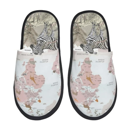 

Honeii World Map With Safari Animals Print Furry Slippers Bedroom Slippers for Women and Men Fuzzy Plush Comfy Faux Fur Lined Slide Shoes -Medium