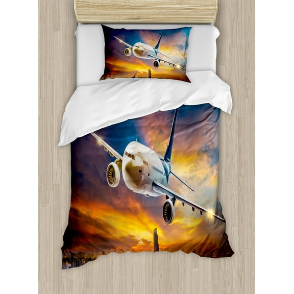 Travel Duvet Cover Set, Aerial View of Airport with Plane on the Air Night Scenery over City Sunset Image, Decorative 2 Piece Bedding Set with 1 Pillow Shams, Twin Size, Orange Blue, by Ambesonne
