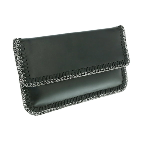 Pierre Cardin Black Leather Medium Enveloppe Curb Chain Embelished Clutch for Womens