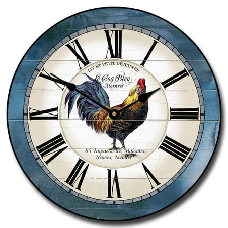 Carolina Blue Rooster Wall Clock, Available in 8 sizes, Most Sizes Ship 2 - 3 days, Whisper