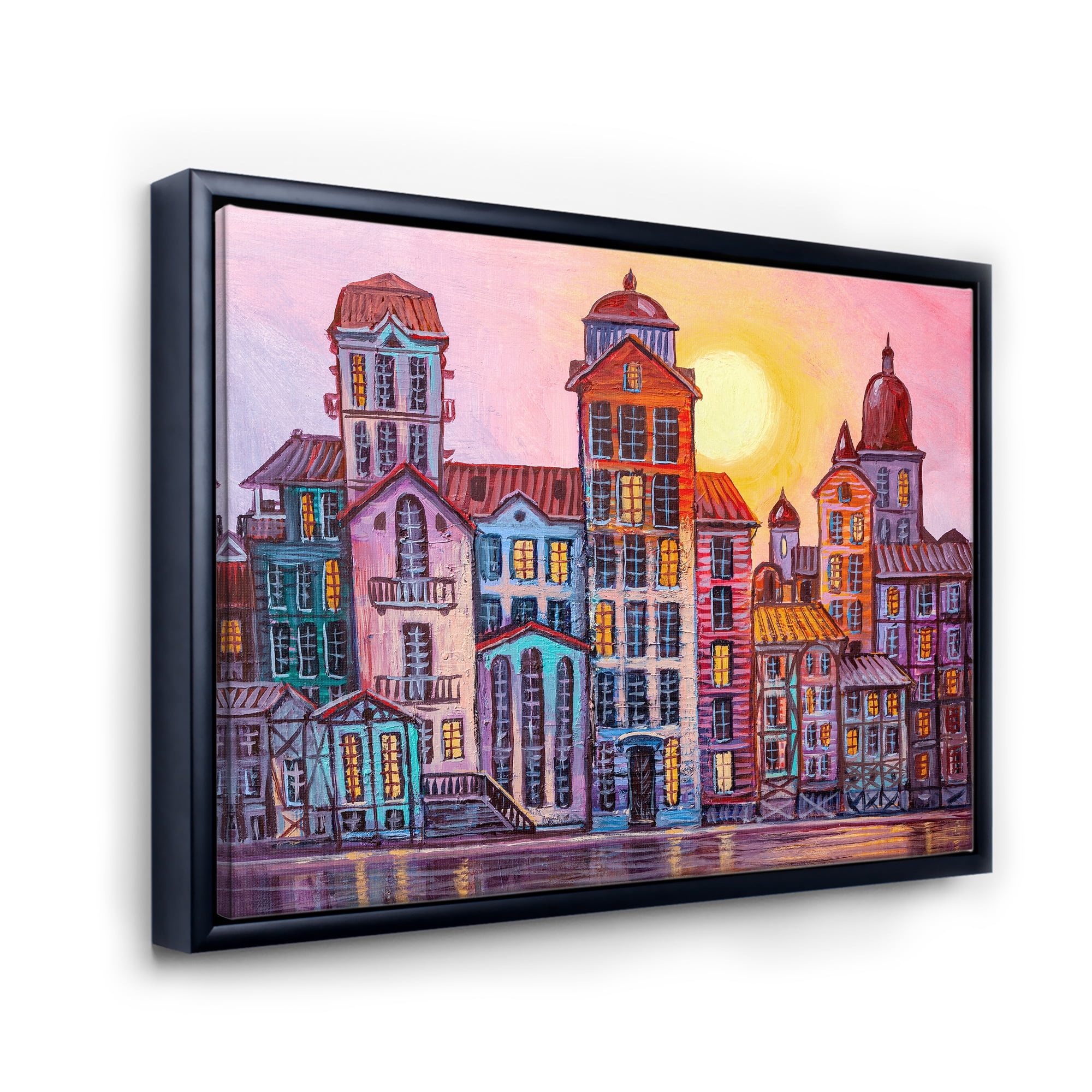 Designart 'Afternoon Street Scene In Old Town With Colorful Buildings' Mid-Century Modern Framed Canvas Wall Art Print