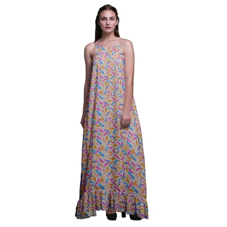 

Bimba Light Gray2 Feather Colorful Printed Nightwear For Women Long Spaghetti Strap Maxi Dress Sleepwear Gown XXX-Large