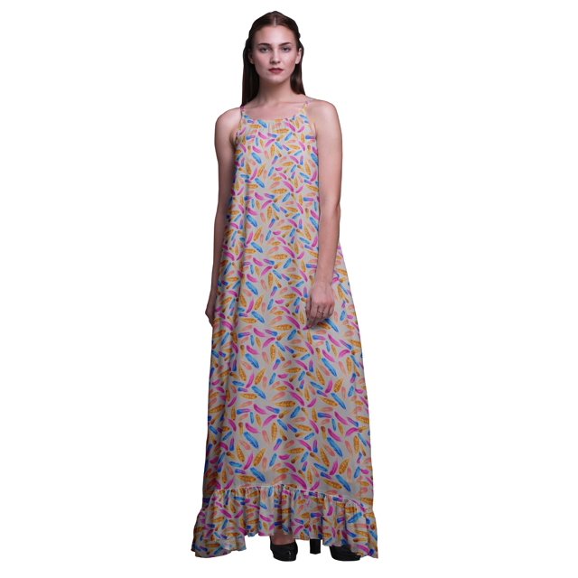 Bimba Gris Pâle2 Plume Coloré Vêtement de Nuit pour Femmes Nuisette Imprimée Robe Maxi à Bretelles Spaghetti Vêtement de Nuit XX-Grand