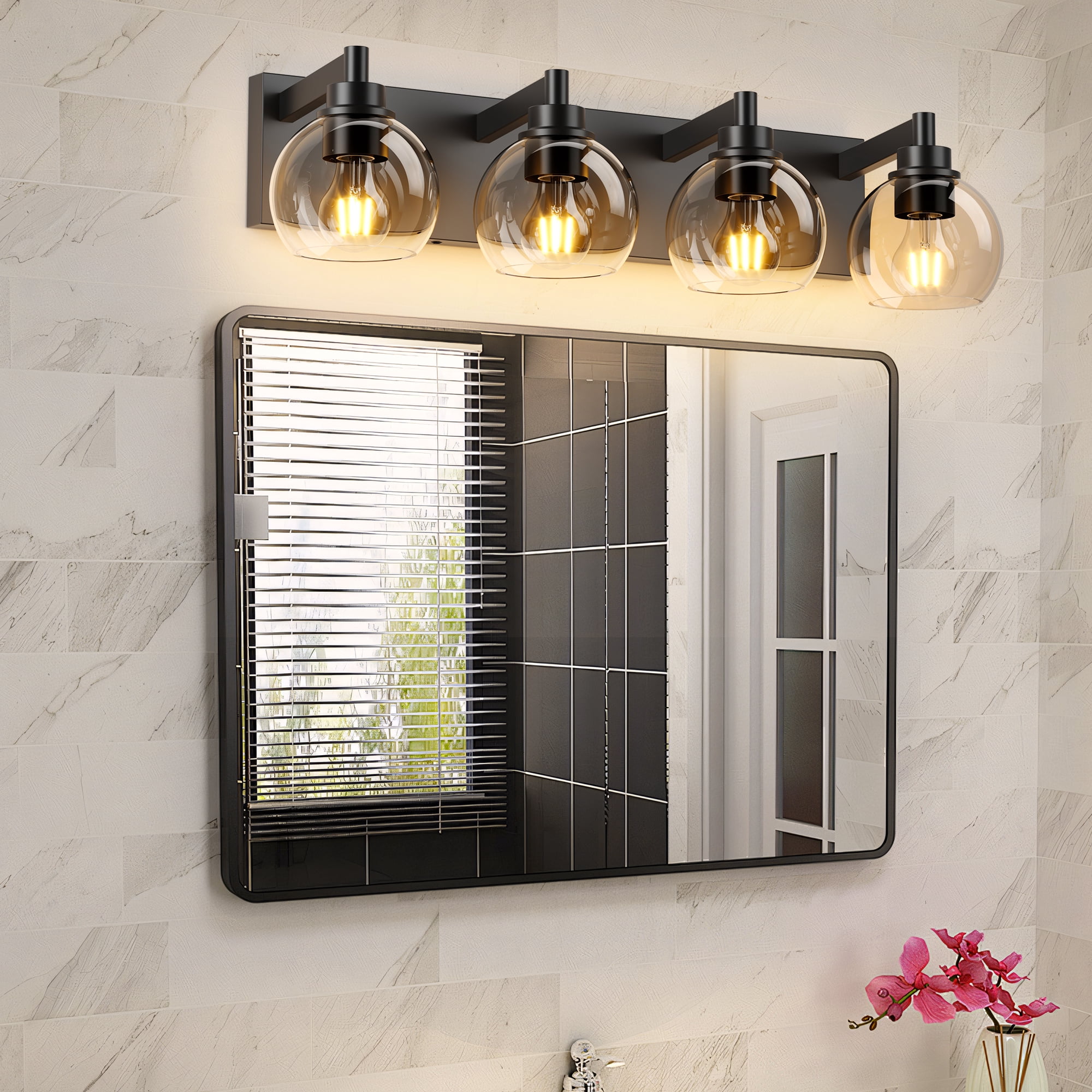 Leumius Farmhouse Bathroom Vanity Light Fixtures, 4-Light Bathroom Light Fixtures Over Mirror, Rustic Sconces Wall Lighting with Glass Shade for Living Room, Bedroom, Hallway