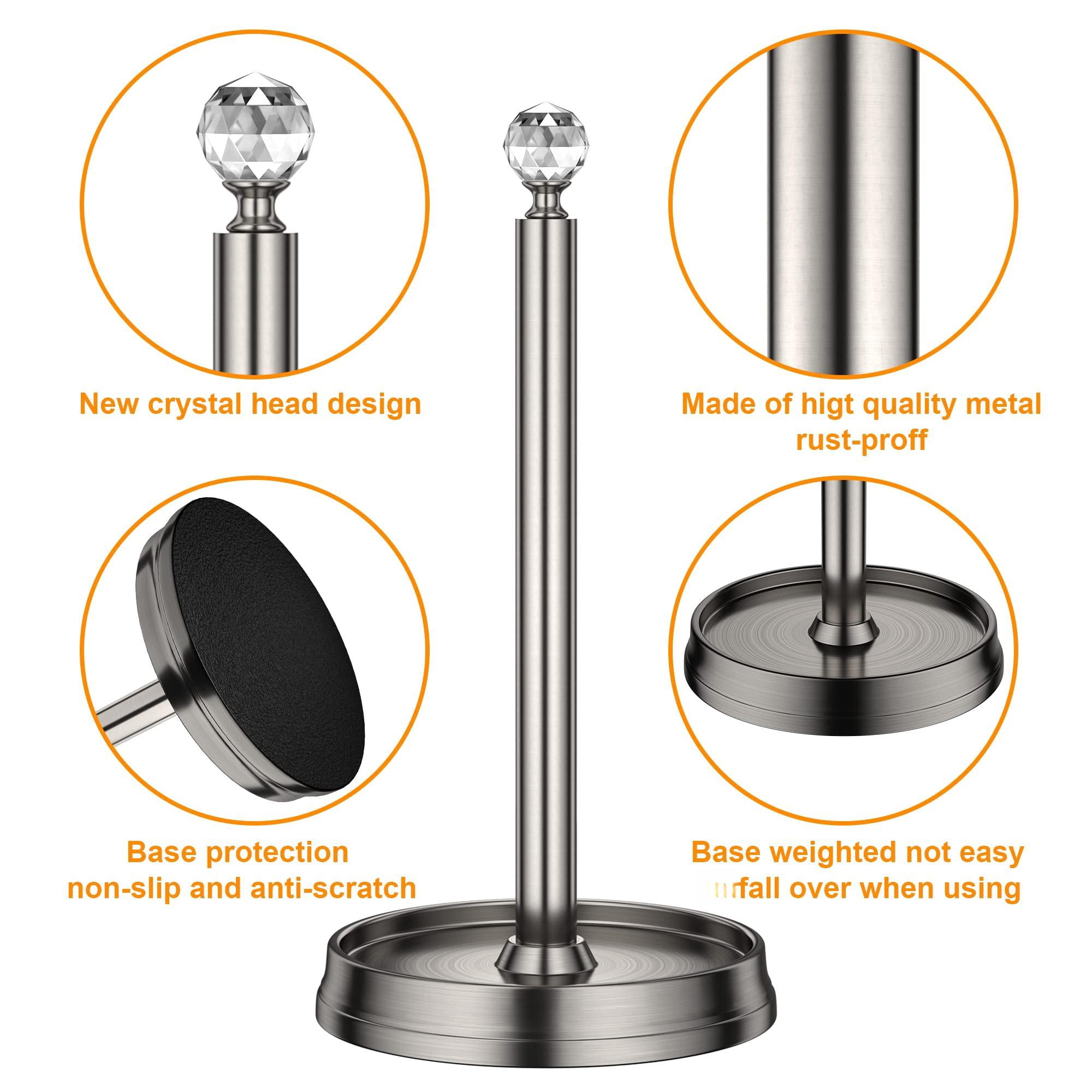 Paper Towel Holder With Crystal Ball - Steel Countertop Stand  Fits Standard & Rolls Brushed Nickel