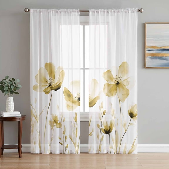 Yellow Spring Floral Sheer Curtains 108 Inch Length 2 Panels Set, Watercolor Botanical Summer Flower Voile Window Treatment Semi Sheer Long Curtains Drapes for Bedroom/Living Room/Kitchen 52"x108"x2