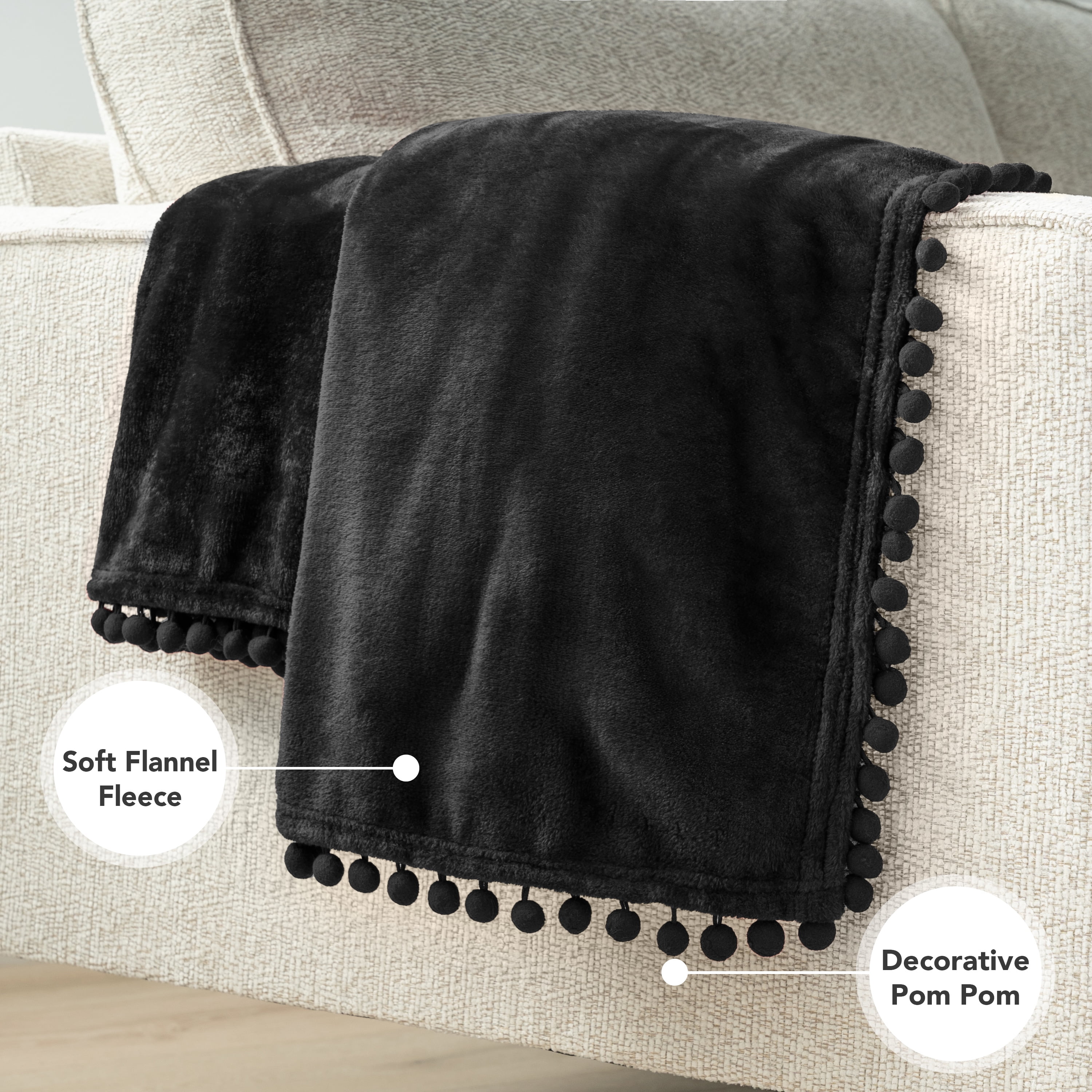 PAVILIA Fleece Throw Blanket for Couch with Pom Pom Fringe, Black, Soft Cozy Fuzzy Flannel Blanket for Sofa Bed, Large Lightweight Plush All Season Throw, 60x80 Inches