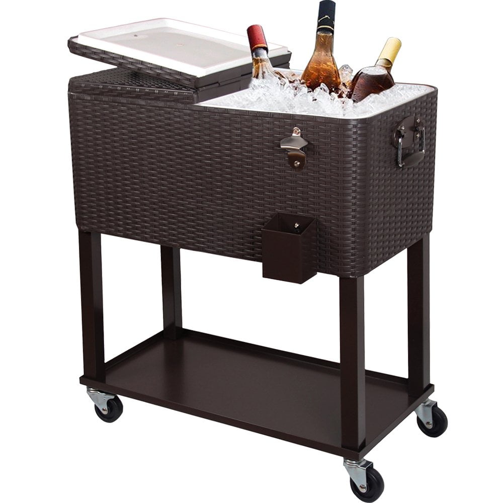 Details about   80 Quart Rattan Rolling Cooler Cart with Bottle Opener Cap Catcher and Cover 