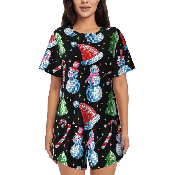 Fotbe Disco Mirror Ball Snowman Conjunto de Pijama Estampado para Mujer, 2 Piezas, Ropa de Dormir con Camiseta de Manga Corta y Shorts Suaves-3X-Large