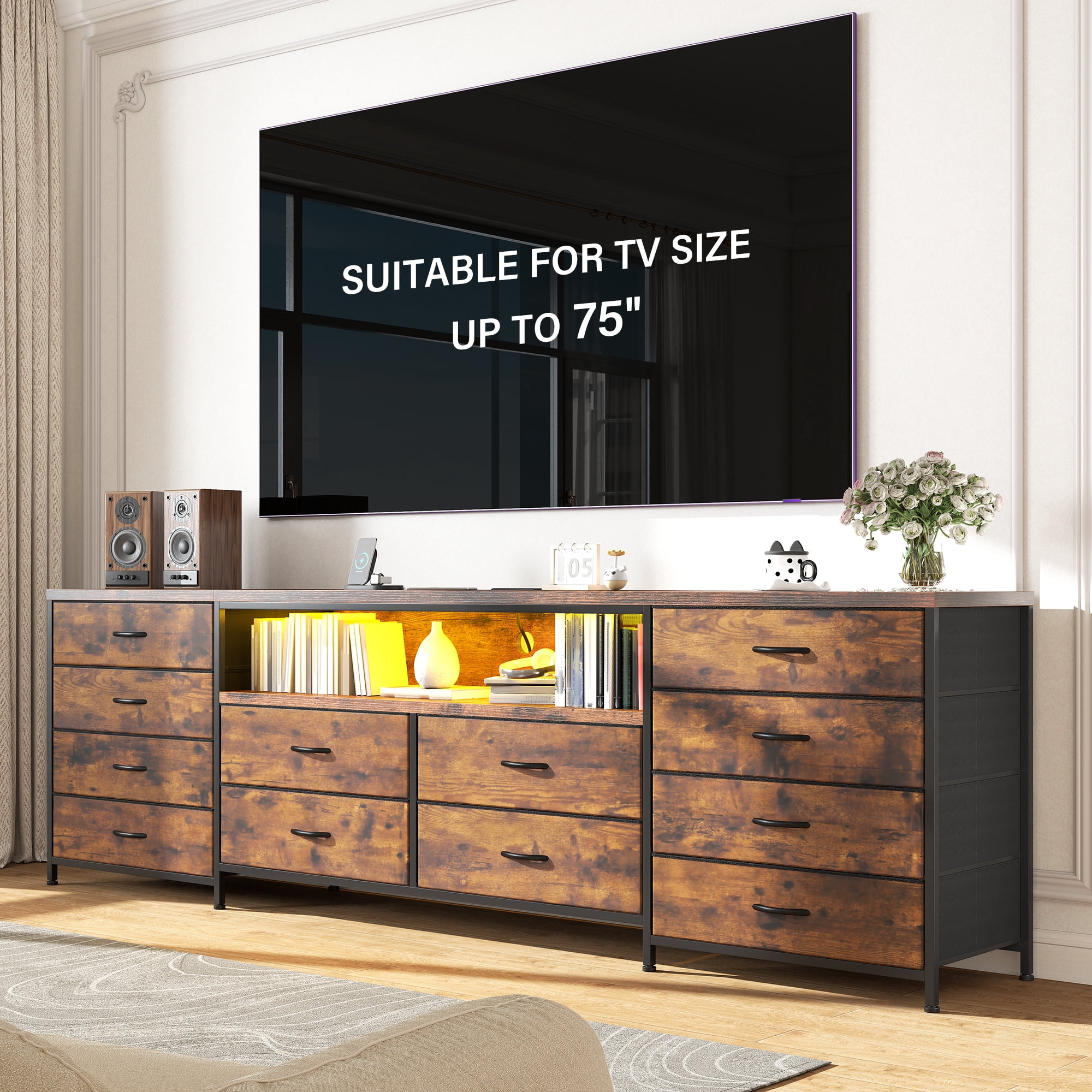 63" W 12-Drawers Dresser TV Stand for 65/70/75 Inch TVs,Entertainment Center with LED Lights & Power Outlets,Fabric Drawers for Bedroom,Living room,Rustic Brown