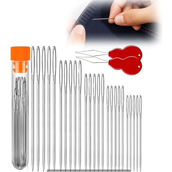 Big Eye Steel Sewing Needles Kit, 7 Sizes Stainless Steel Needles for Hand Sewing, Embroidery Needles with Threader, Sharp Steel Sewing Needles for Leather, Yarn, and Craft Projects