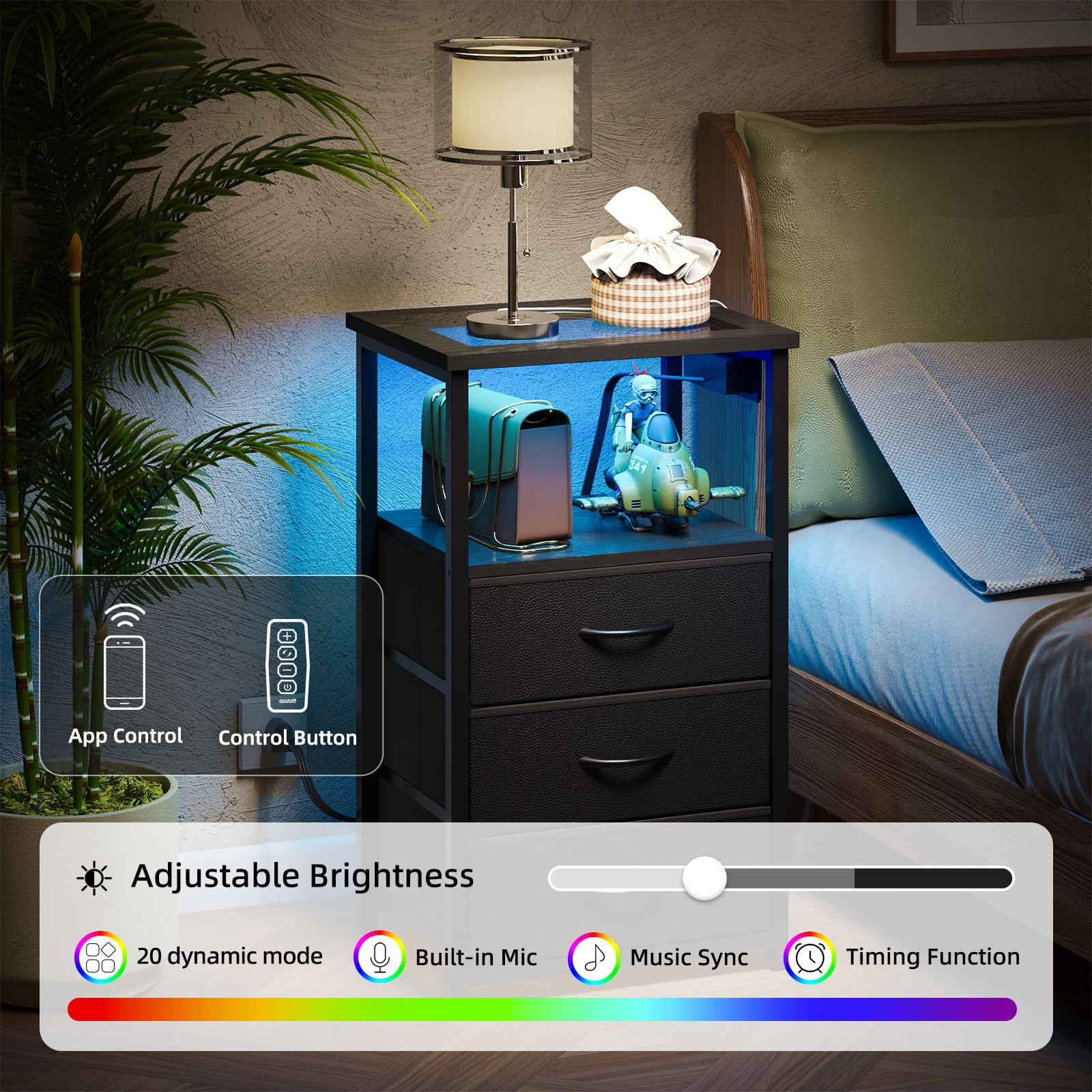 Tomnk Modern Nightstand with LED Lights & Charging Station, Side Table with Tempered Glass Top, USB Ports & Power Outlets, 3 Fabric Drawers for Bedroom, Living Room, Black