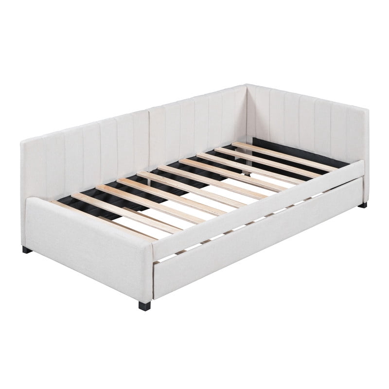 Aukfa Daybed with Trundle, Twin Size Upholstered Bed Frame, Beige