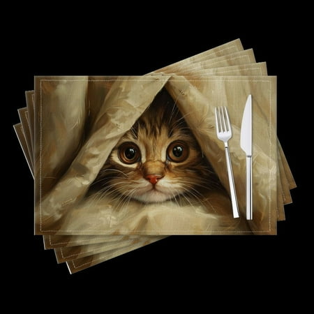 

Bahomeck Placemats Set Of 4 Rectangle Linen Cotton Placemats For Dining Table Fade Resistance Washable Heat Resistant，18*12Inch Cute Cat Peeking Out From Under The Curtain