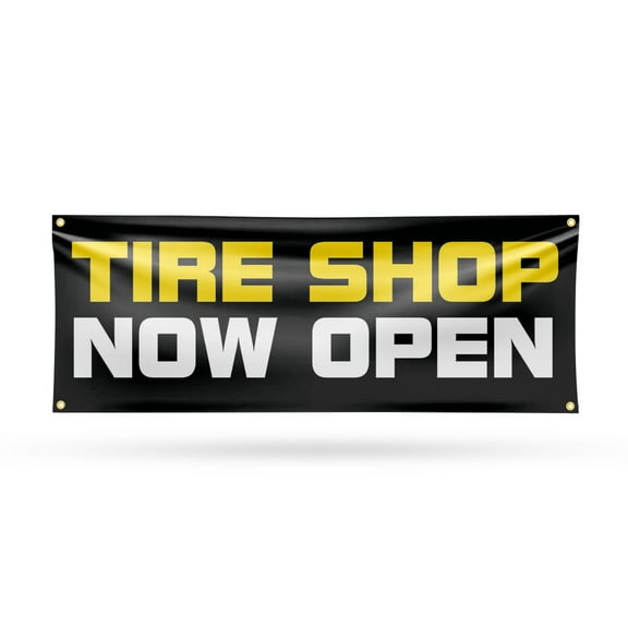 Tire Shop Now Open Banner Sign 18 Inch x 48 Inch | 13 oz Vinyl with Metal Grommets | Heavy-Duty Single-Sided Outdoor Durable Printed High-Quality Weatherproof | Made in the USA