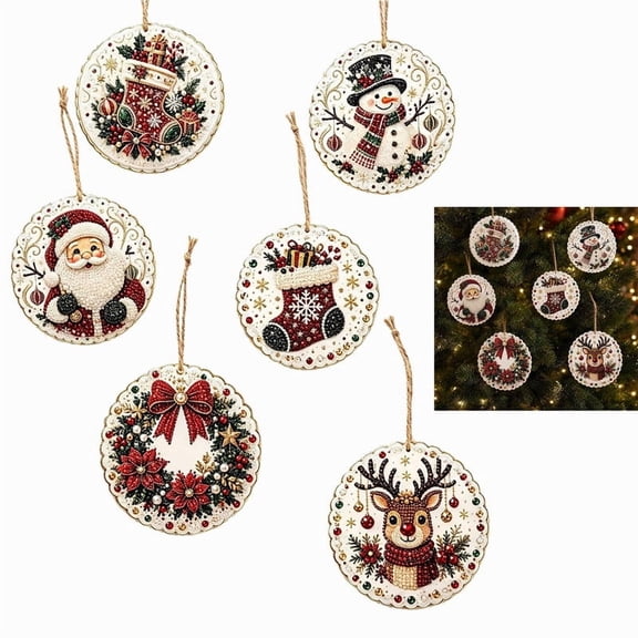 6 Pcs DIY Diamond Painting Christmas Wooden Ornaments Kit,with Rope,Christmas Tree Hanging Decorations,Home Decor for Window, Holiday Art Craft Gift