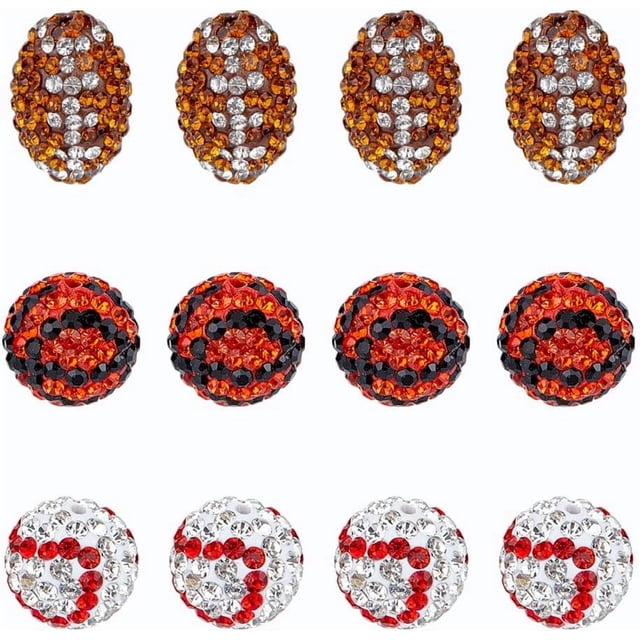 12Pcs 3 Styles Rugby Basketball Baseball Rhinestone Clay Beads 15x10mm Rugby Rhinestone Beads 12mm Round Clay Disco Ball Beads Diamond Rhinestone Spacer Beads for Necklace Jewelry Making