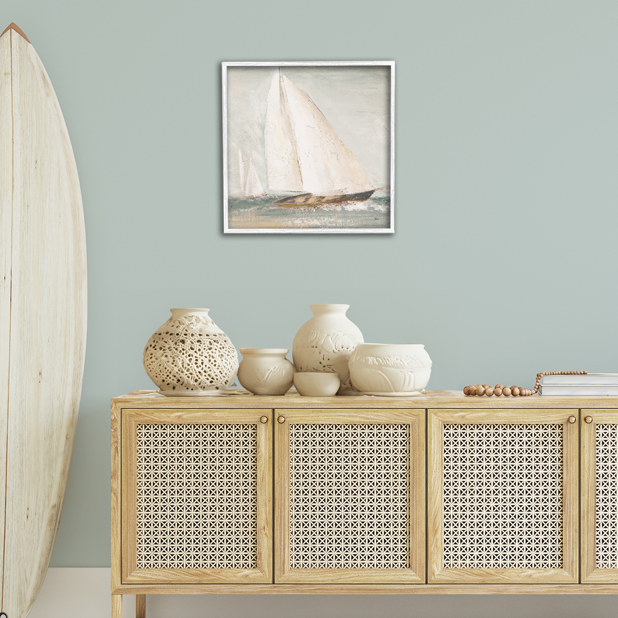 Stupell Industries Vintage Splashing Sailboat Transportation Painting White Framed Art Print Wall Art, 24 x 24