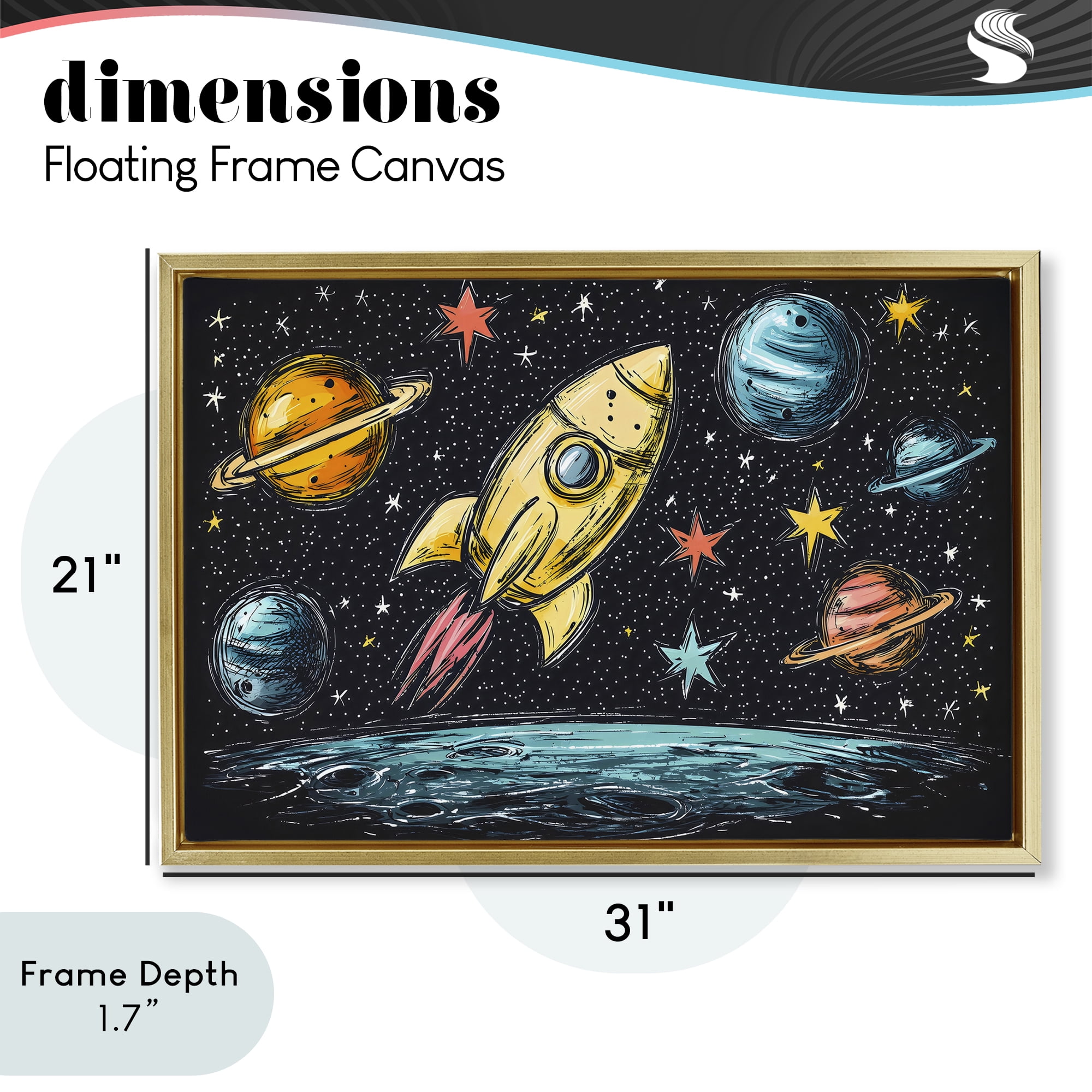 Stupell Industries Whimsical Rocket & Planets Gold Framed Floater Canvas Wall Art, design by Creative Studio