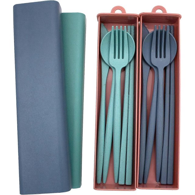 Juego de cubiertos portátil de pasto de trigo. Incluye cuchillo, tenedor y cuchara. Palillos extraíbles. No tóxico. Sin BPA. Cubiertos para viajes.