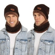 Men Women Winter Beanie Hat Scarf Set Warm Knit Hat Thick Fleece Lined Winter Cap Neck Warmer,Coffee