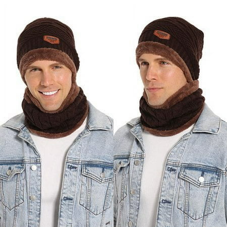 Men Women Winter Beanie Hat Scarf Set Warm Knit Hat Thick Fleece Lined Winter Cap Neck Warmer,Coffee