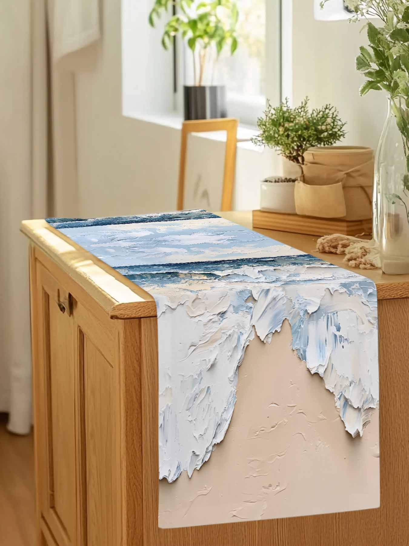 Blue White Coastal Beach Waves Table Runner 90 Inches Long, Abstract Art Table Runners Tabletop Scarf Kitchen Dining Tables Decoration for Home Party Indoor Outdoor