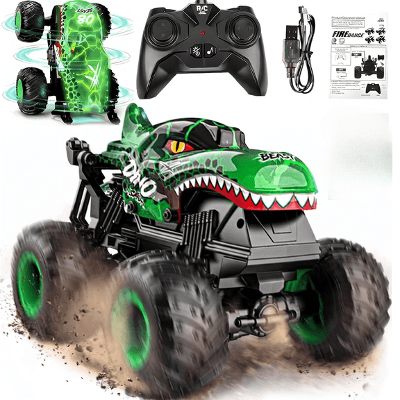 Remote Control Monster Truck for Kids, 1:20 Scale RC Dinosaur Car with LED Lights, Music & 360° Spins, 2.4GHz All Terrain Off-Road Toy Truck, Birthday Christmas Gift for Boys & Girls
