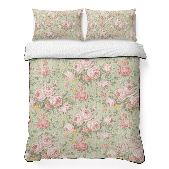 King Quilt Bedding Set, Pink Rose Classic Flower Soft Microfiber Summer Bedspread Coverlet with 2 Pillow Shams for All Season, Leaves Plant Sage Green Breathable Bedding Set for Hot Sleepers