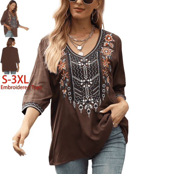 Higustar Womens Plus Size Tops 3/4 Sleeve V Neck Tunic Shirts Casual Floral Embroidered Loose Summer Fall Blouses Mexican Peasant Cotton Rayon Shirts-Brown/324/H-2XL