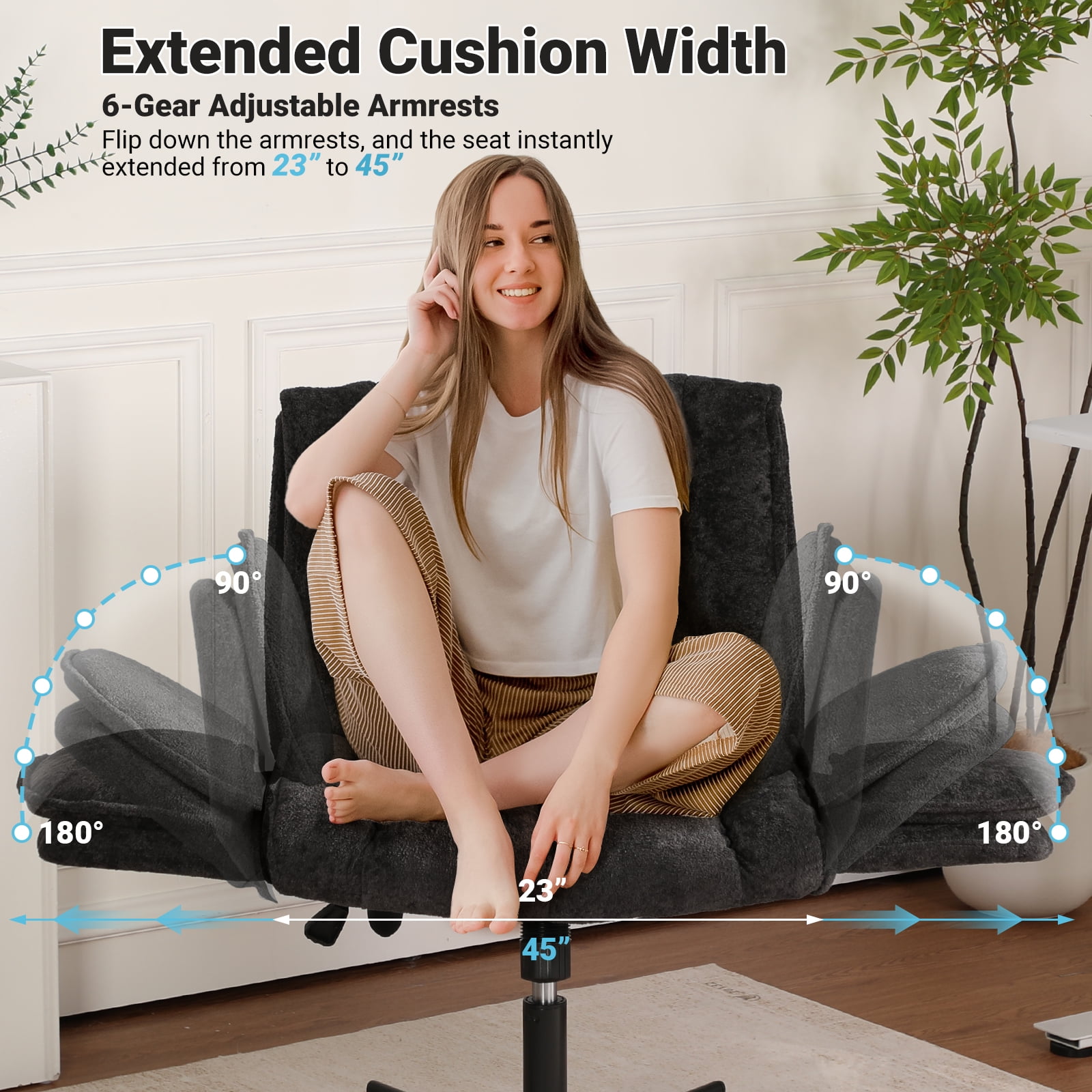 Criss Cross Office Chair with 6-Level Folding Arms and Wheels, Ergonomic Fabric Cross Legged Chair with Dynamic Lumbar Support, Plus Size Swivel Vanity Chair for Home Office, Living Room, Makeup