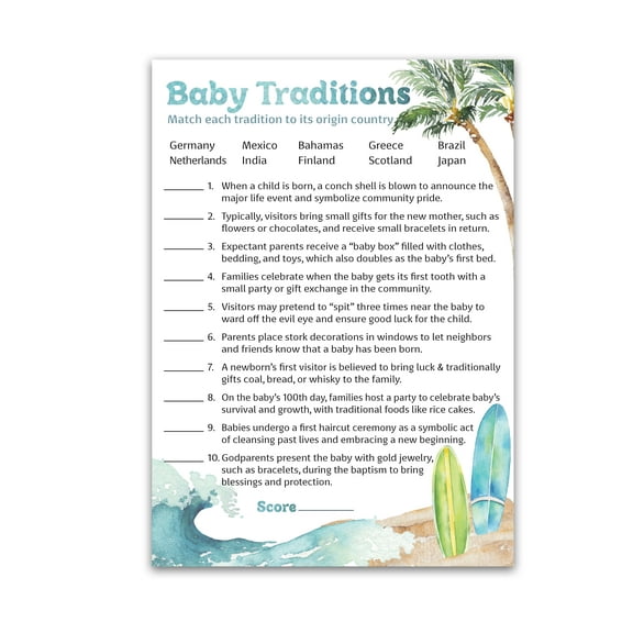 BEACH SURF Theme Baby Shower Games,BABY TRADITIONS around the World Game — Pack of 25, Surfing Baby on Board Shower Game, Fun Facts Baby Shower Activity, Gender Neutral Co-ed Couples Shower G940-BTW