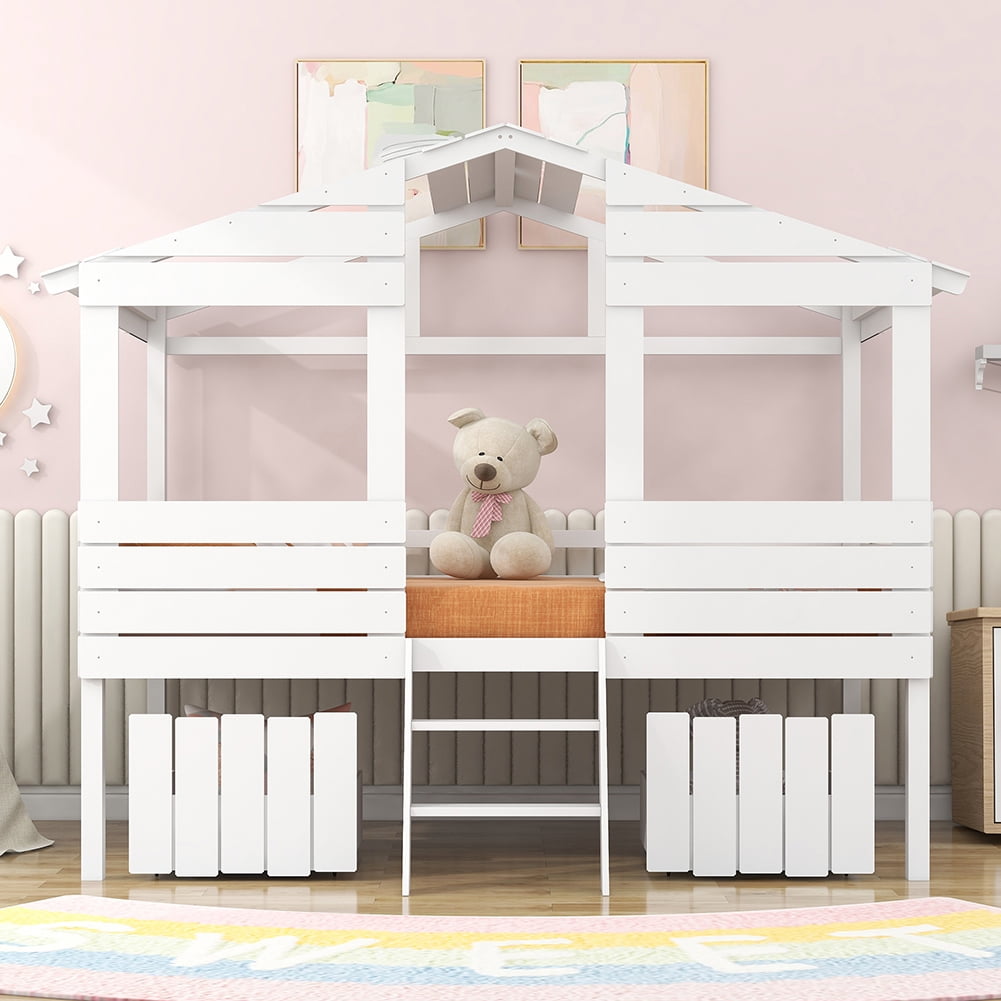 Kadyn kids Bunk Loft Bed with Two Drawers, Windows and Roof Design, White Kadyn kids Bunk Loft Bed with Two Drawers, Windows and Roof Design, White